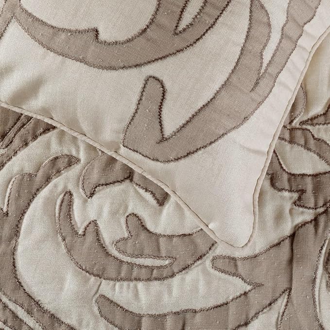 The HomeCentric Decorative Ivory & Beige Full 68 x 18 inch Bed Runner with Matching Pillow Cover, Linen Lurex Applique Bed Scarf, Abstract Modern - Pretty Dainty