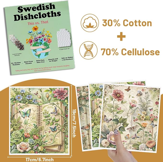 Floral Swedish Dishcloths for Kitchen, 6 Pack Vintage Reusable Dish Paper Hand - Image 2