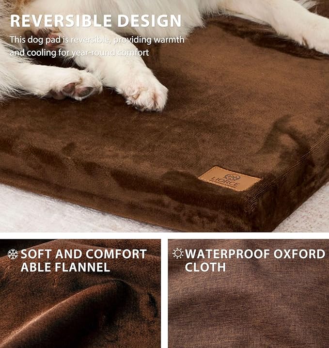 Dog Crate Pad - Dog Bed Large Sized Dogs with Removable Washable Cover and Waterproof Lining - XL Memory Foam Pet Bed for Crate - Reversible Kennel Mat (Cool & Warm), 42-inch, Brown