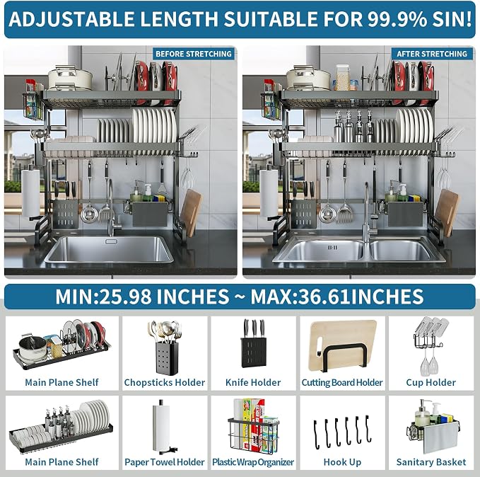 Over The Sink Dish Drying Rack, 3 Tier Adjustable Length Full Stainless Steel - Image 6