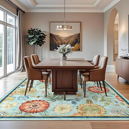 GarveeHome 8x10 Floral Washable Area Rug: Large Living Room Area Rug with Non-Slip Backing Washable Ultra Soft Bedroom Floral Carpet Indoor Stain Resistant Carpet for Dining Room 8 * 10 ft Light Blue