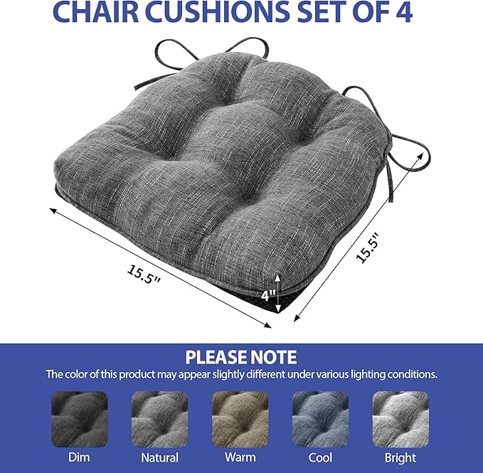 Chair Cushions for Dining Chairs Set of 4, Kitchen Chair Cushions, Chair Pads with Ties and Non Slip Backing, Tufted Memory Foam Seat Cushion 4 Pack, 15.5" x 15.5" x 4", Dark Gray