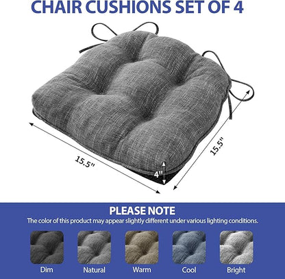 Chair Cushions for Dining Chairs Set of 4, Kitchen Chair Cushions, Chair Pads with Ties and Non Slip Backing, Tufted Memory Foam Seat Cushion 4 Pack, 15.5" x 15.5" x 4", Dark Gray