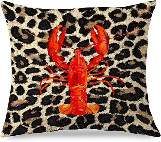 Coastal Leopard Lobster Pillow Covers 18x18, Leopard Print Home Decor, Lobster Decor, Nautical Beach Crawfish Throw Pillow Covers for Home Bedroom Living Room Sofa Couch