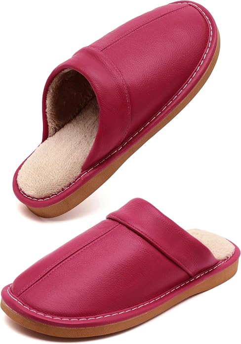 Slippers for Women Men, Genuine Leather Slippers Indoor Outdoor, Fuzzy Bedroom by Kiemorgy