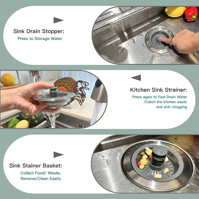 Kitchen Sink Drain Strainer 3 in 1, 304 Stainless Steel Pop Up Sink Stopper - Image 2