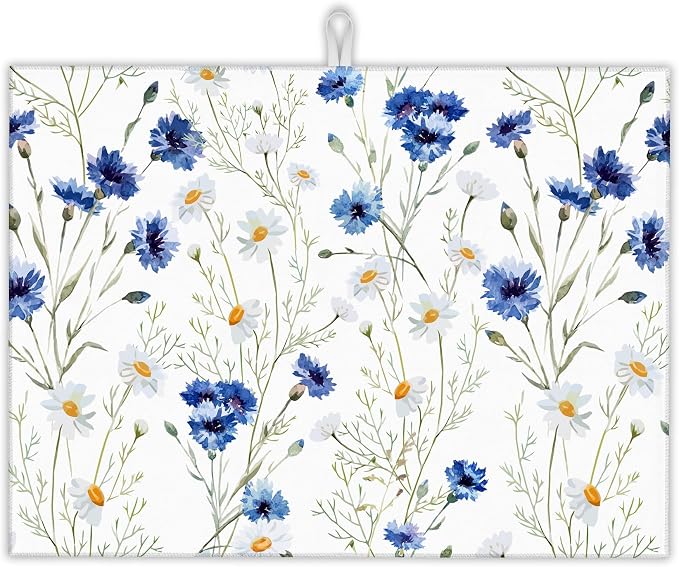 Wildflowers Dish Drying Mat, Watercolor Poppy Cornflower Drying Rack Pad by UIUPRO