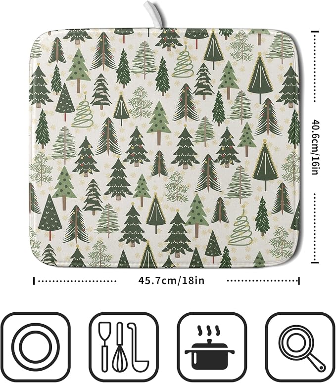 Christmas Dish Drying Mat for Kitchen Counter 16x18 Green Xmas Tree Block Print - Image 2