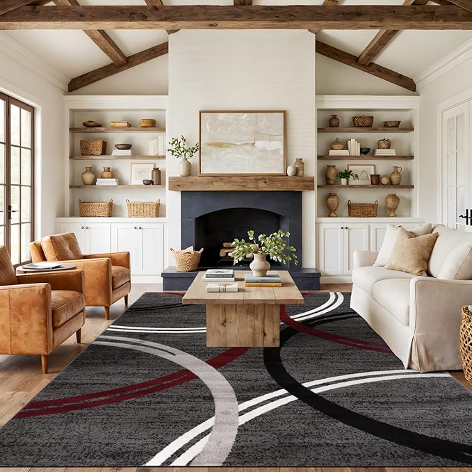Rugshop Modern Wavy Circles Design Non-Shedding Area Rug, Carpet for Living Room or Dining Room, Grand Room,Open Spaces Red, 8'8" x 12'