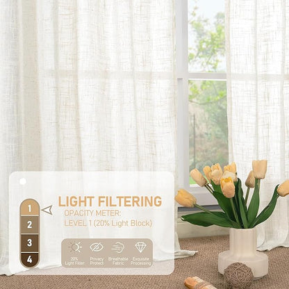 LAMIT 68 inch Length Linen Curtains for Living Room 2 Panels, Linen Textured Light Filtering Semi Sheer Back Tab and Rod Pocket Window Curtain Panels for Bedroom/Farmhouse, Cream, 52 x 68 Inch