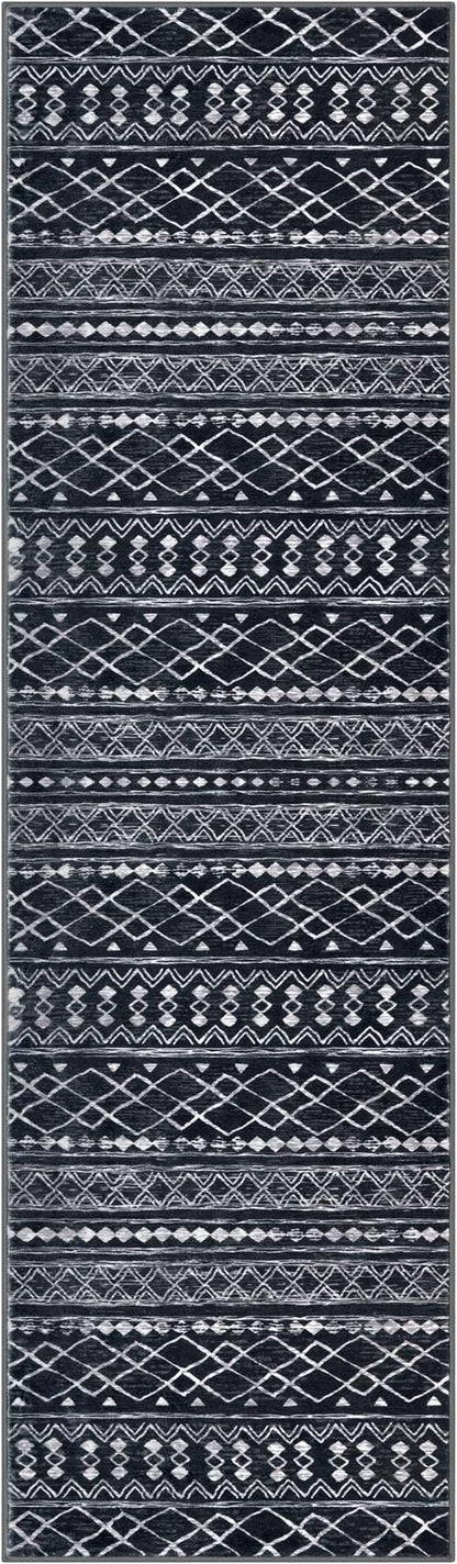 KUTA Boho Runners for Hallways 2x8 Black Moroccan Washable Runner Rug Non-Slip Vintage Kitchen Rugs Ultra Soft Distressed Geometric Floor Carpet for Bedroom Laundry Living Room