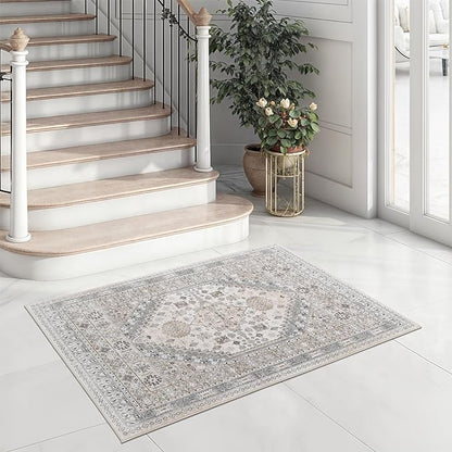 zesthome 2x3 Entryway Rug, Soft Washable Rugs, Non Slip Area Rug, Stain Resistant Low Pile Rugs for Bedroom, Vintage Rug for Door Mat, Kitchen (Beige,2'x3')