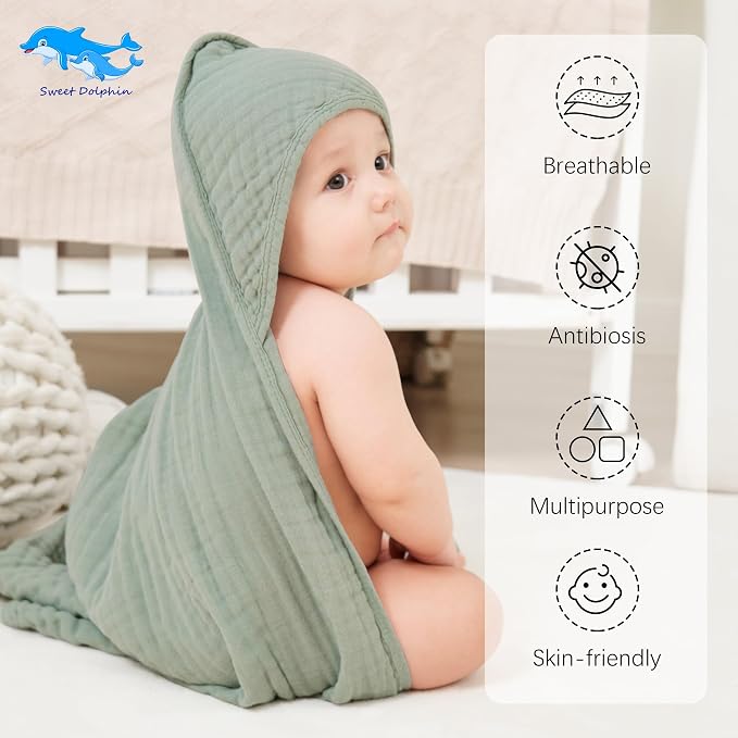 SWEET DOLPHIN Muslin Hooded Baby Bath Towels - Image 2