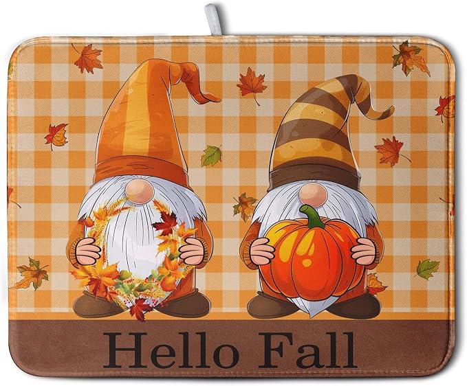 Hello Fall Autumn Gnomes Dish Drying Mat 16x18 Thanksgiving Pumpkin Maple by Kwlegh