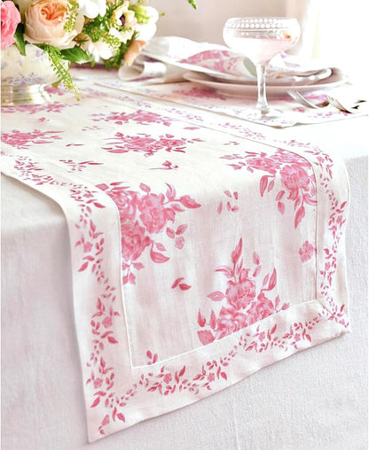 Solino Home Pink Floral Print Table Runner 48 inch - 100% Pure Linen Table Runner 14 x 48 Inch - Handcrafted and Machine Washable - Jolie Fleur Print