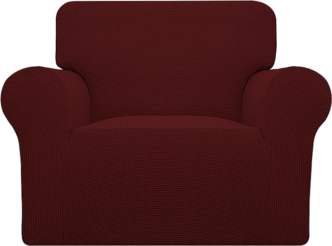 Easy-Going Stretch Chair Sofa Slipcover 1-Piece Couch Sofa Cover Furniture Protector Soft with Elastic Bottom for Kids, Pet. Spandex Jacquard Fabric Small Checks (Chair, Wine)