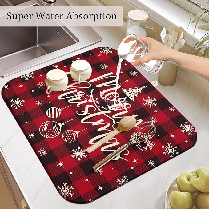 Christmas Kitchen Countertop Dish Drying Mat, Washable Absorbent Countertop - Image 5
