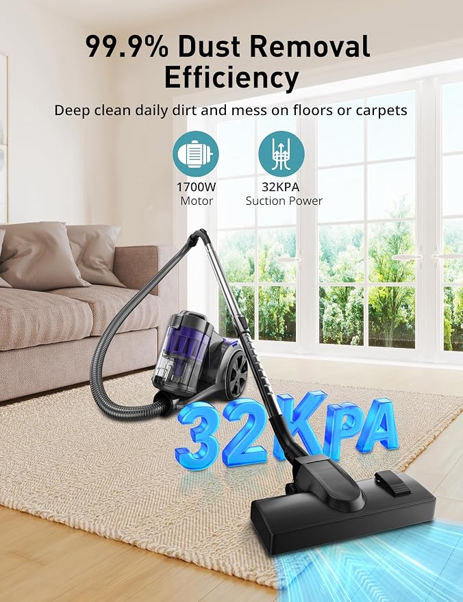 Aspiron 1700W Canister Vacuum Cleaner, 32Kpa Bagless Vacuum Cleaner, 2 - Image 2