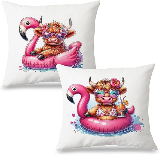 Hot Pink Summer Cow Pillow Covers 18x18 Set of 2, Cow Room Decor, Coastal Beachy Trendy Aesthetic Cute Fluffy Cows Decorative Throw Pillow Covers for Home Bedroom Living Room
