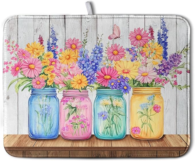 Daisy Dish Drying Mat for Kitchen Counter Spring Summer Flowers Vases Dishes by Kwlegh