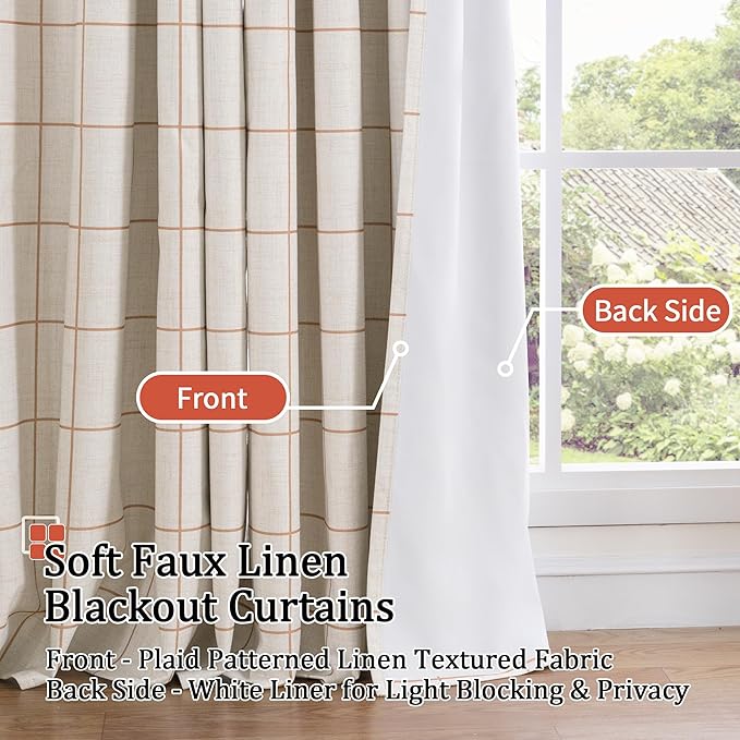 Linen Blackout Curtains for Bedroom - Boho Plaid Curtains Thermal Insulated, Pattern Printed Rustic Drapes Window Treatments for Farmhouse, 52x63 Inch 2 Panels, Terracotta