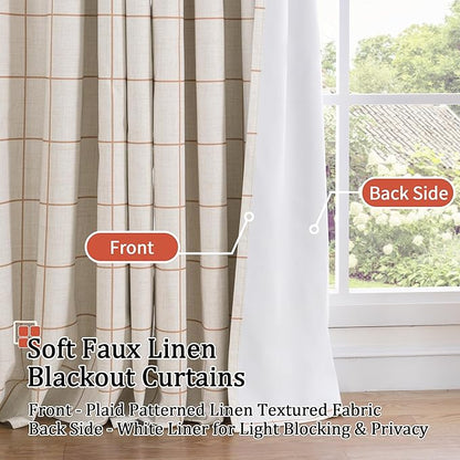 Linen Blackout Curtains for Bedroom - Boho Plaid Curtains Thermal Insulated, Pattern Printed Rustic Drapes Window Treatments for Farmhouse, 52x63 Inch 2 Panels, Terracotta
