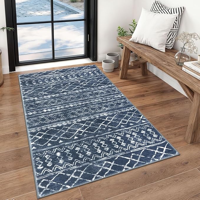 KUTA 3x5 Boho Area Rug for Living Room, Moroccan Washable Kitchen Rugs Non Slip, Navy Blue Ultra Soft Print Distressed Geometric Low-Pile Entry Throw Carpet for Bedroom Nursery Dorm Decor