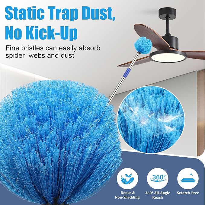 COCONUT Cobweb Duster with Pole, 4-feet Ceiling Fan Duster Medium Stiff Bristles - Image 2