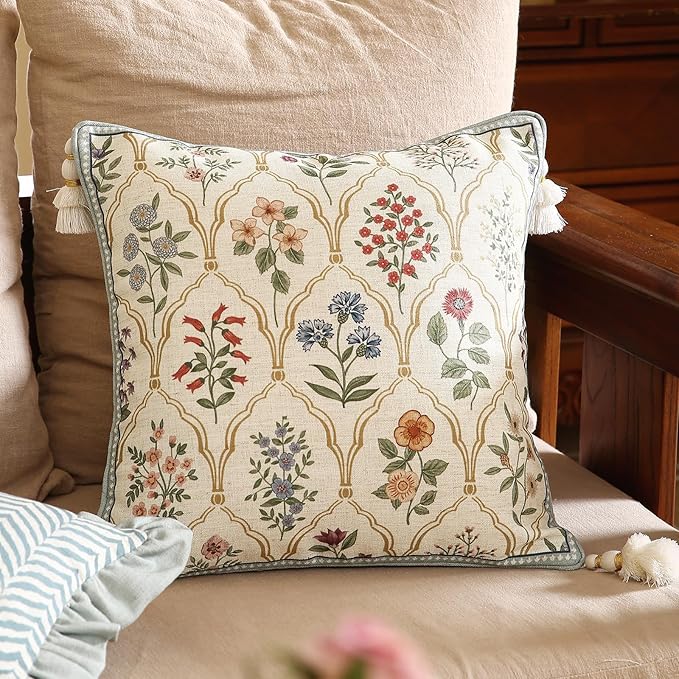 ISAENNE Design Linen Throw Pillow Covers 18"x18" Pack of 2, Square Farmhouse Cushion Covers with Yellow Purple Watercolor Wildflower Pattern Decor Pillowcases for Bed,Living Room,Outdoor,Car