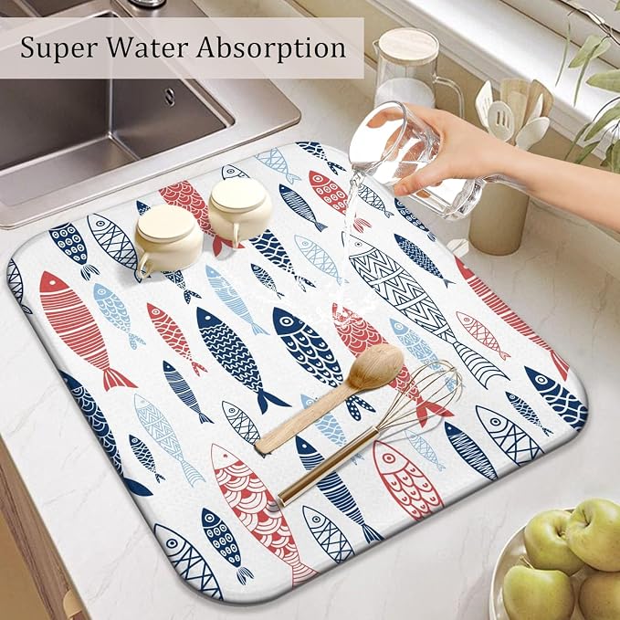 Fish Dish Drying Mat for Kitchen Countertops, Japanese Fish Pattern Microfiber - Image 5