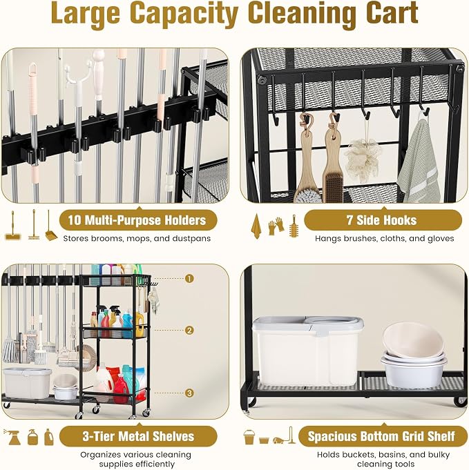Broom Holder with Cleaning Supplies Organizer, Cleaning Utility Cart on Wheels - Image 6