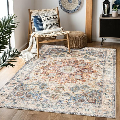 Area Rug 3×5, Vintage Boho Rug,Ultra-Soft Low Pile, Washable, Non Slip,Stain Resistant Printed Carpet for Living Room Bedrooms Playroom Office Kitchen, Blue/Red