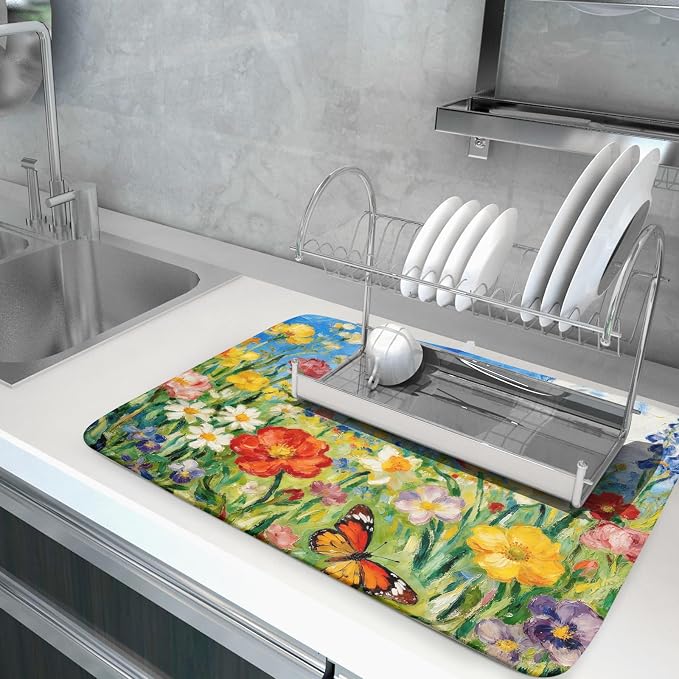 Floral Dish Drying Mat for Kitchen Counter 18x24 Spring Summer Theme Colorful - Image 5