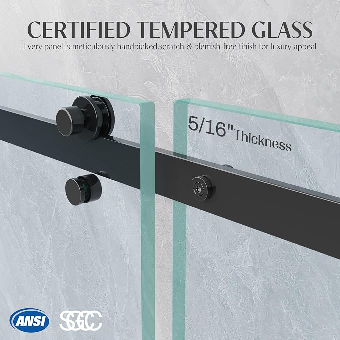 Frameless Sliding Shower Door 44-48" W x 72" H, 5/16" Heavy Duty Tempered Glass - Image 5