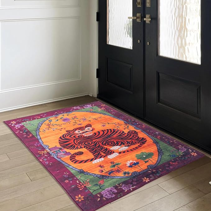 Tiger Rug Washable 4x6 ft Oriental Traditional Animal Print Vintage Fuchsia - Image 2