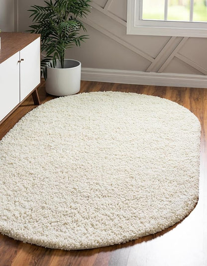 Unique Loom Solid Shag Collection Area Rug (5' 1" x 8' Oval, Pure Ivory)