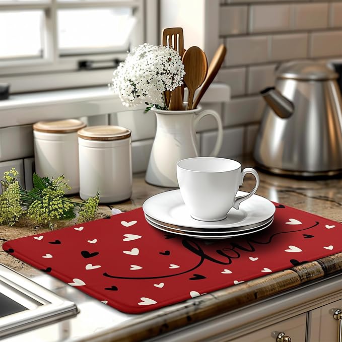 Valentine Dish Drying Mat for Kitchen Counter Valentines Day Red Black Love - Image 6