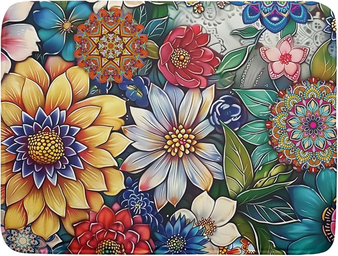 Boho Floral Dish Drying Mat for Kitchen Counter 16x18 Inch Boho Blooming Flower by Kawani