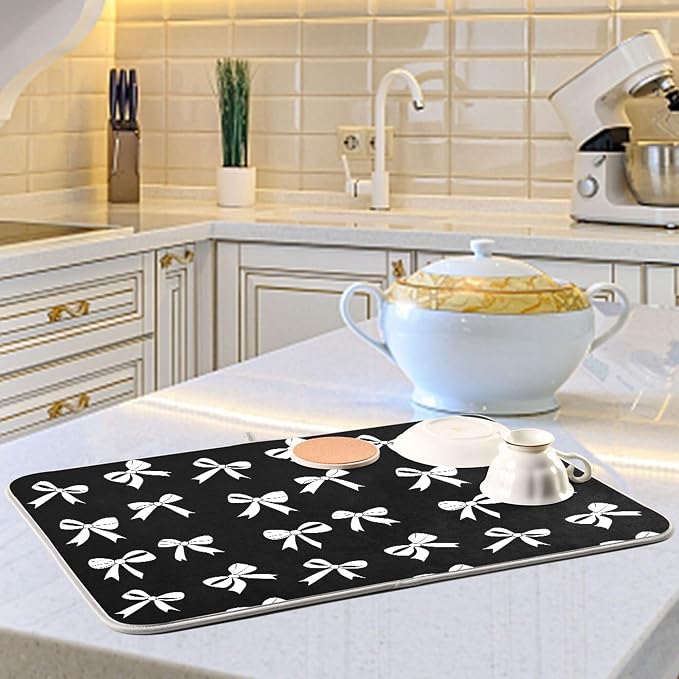 Black Bow Dish Drying Mat for Kitchen Countertop 16x18 Bowknot Coquette - Image 6