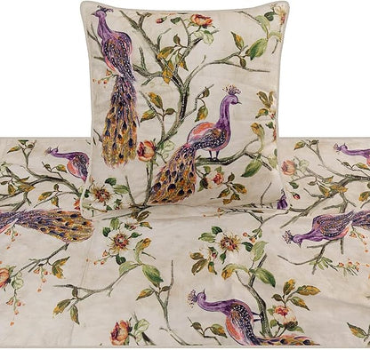 The HomeCentric King Queen Twin Ivory & Multicolor Decorative King 90"x18" Bed Runner Without Pillow Cover, Peacock Bed Scarf on Cotton Printed with Beads Fabric - Peacock Queen