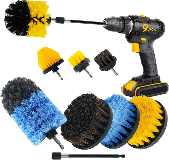 9 Pcs Drill Brush Attachments Set Hard and Soft Bristles Horsehair Brush by TOWBRUS