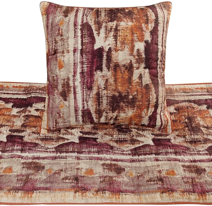 The HomeCentric King Queen Twin Pink & Orange Designer CA King 86"x18" Bed Runner with 2 Pillow Cover, Ikat & Quilted Bed Scarf on Cotton Printed Fabric - Ikat Splash