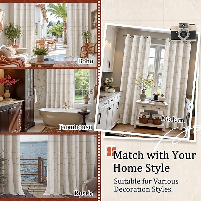Linen Blackout Curtains for Bedroom - Boho Plaid Curtains Thermal Insulated, Pattern Printed Rustic Drapes Window Treatments for Farmhouse, 52x63 Inch 2 Panels, Terracotta