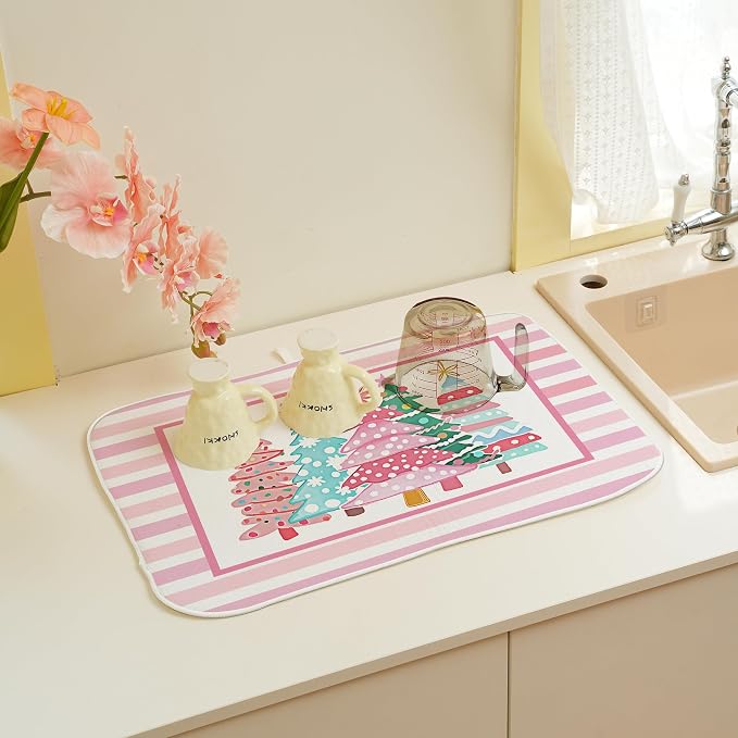 Christmas Dish Drying Mats 18x24 Inch Stripes Watercolor Pink Christmas Trees - Image 5