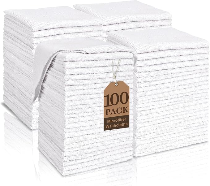 White Washcloths 100 Pack, Highly Absorbent & Quick Drying Face Towels by TEAWOO