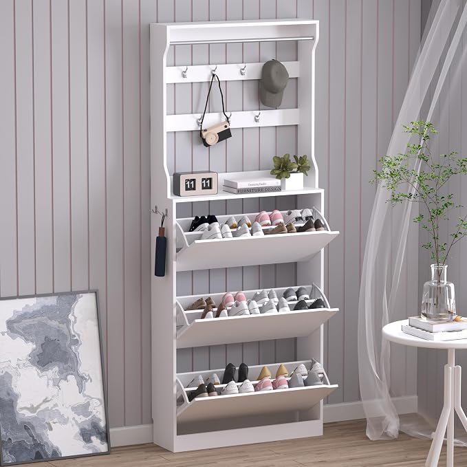 Shoe Cabinet with 3 Flip Drawers & Coat Rack, Narrow Hidden Shoe Storage Cabinet by BORNOON