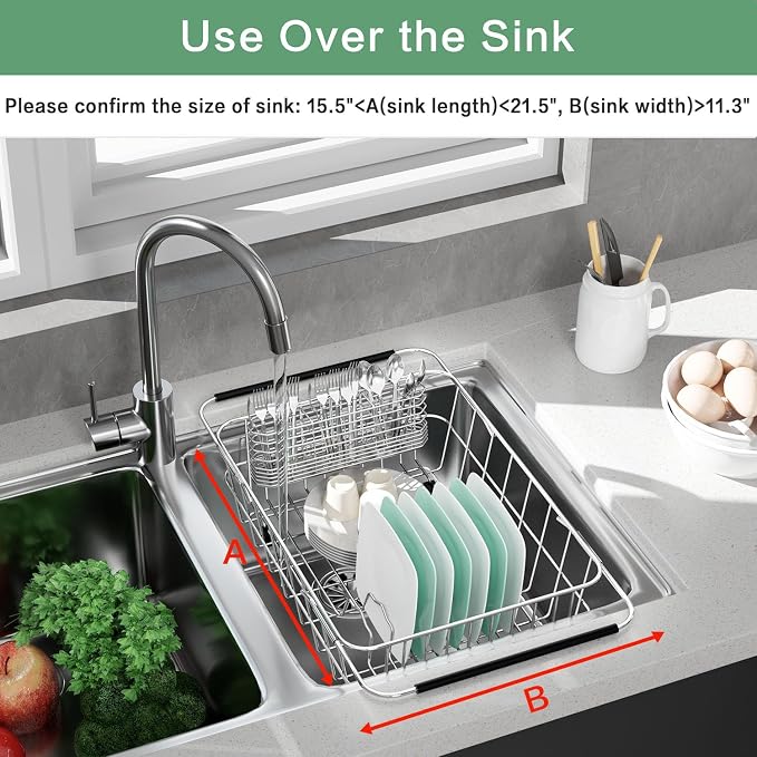 Large Dish Drainer Rack in Sink Adjustable, Expandable 304 Stainless Steel - Image 4