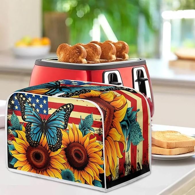 Sunflower Butterfly Print Toaster Cover 2 Slice American Flag Small Kitchen Appliance Cover, Washable Oven Protector Anti-dust Bread Maker Protector