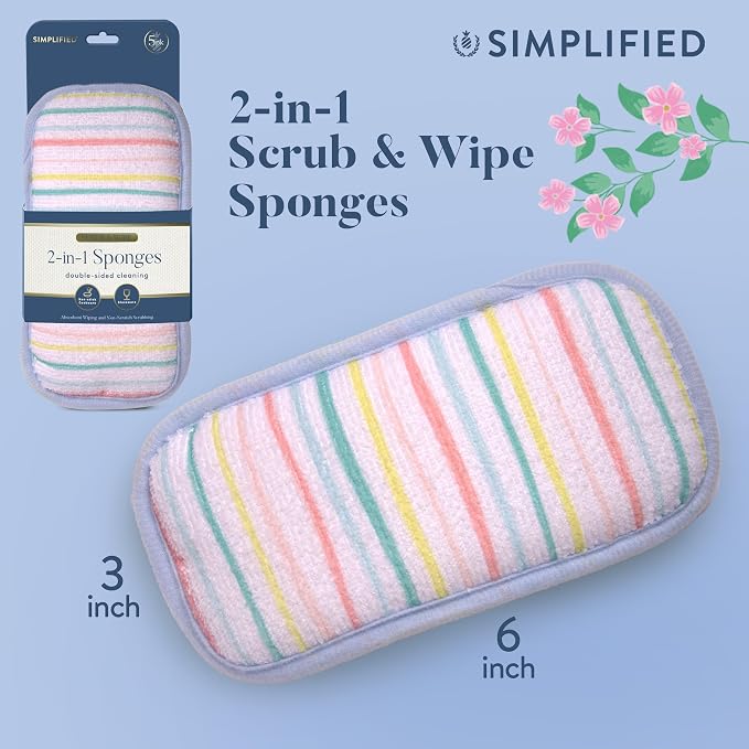Simplified 5-Pack Scrub & Wipe 2-in-1 Dishwashing Sponges - Image 6