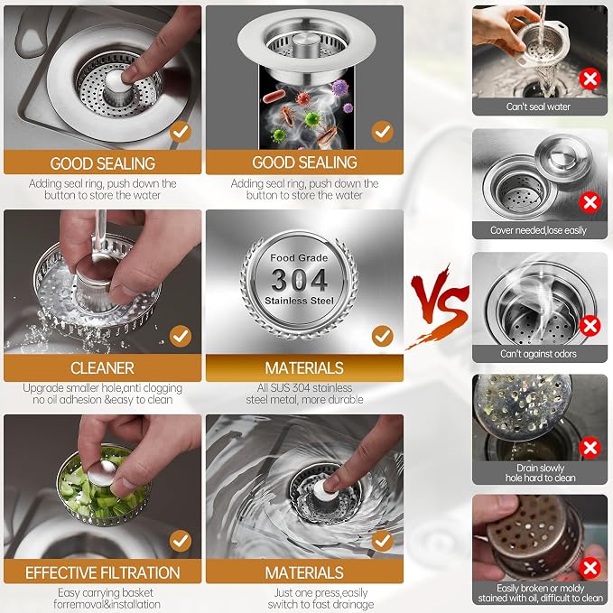 YYKBZ 3 in 1 Kitchen Sink Drain Strainer, Stainless Steel Sink Stopper - Image 6